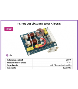 2 VÍAS, 4/8 Ω, 400W / 200 WRMS (CORTE EN 2 kHz) IMPEDANCIA SELECCIONABLE 4 o 8 Ω.